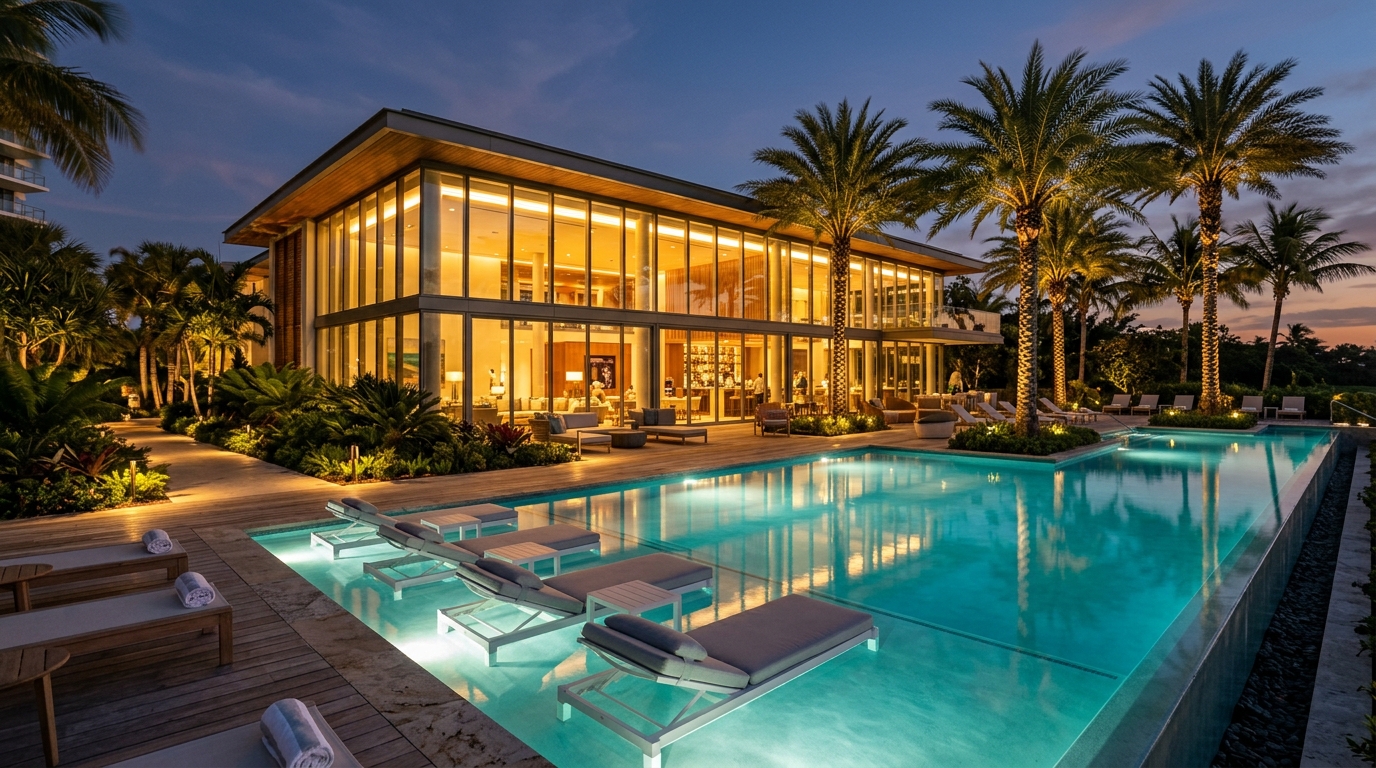 Private resident clubhouse with turquoise illuminated swimming pool and lush landscaped grounds