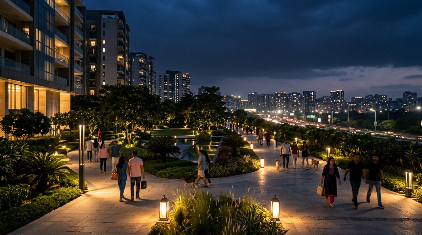 Illuminated luxury promenade walkway in Delhi NCR at twilight
