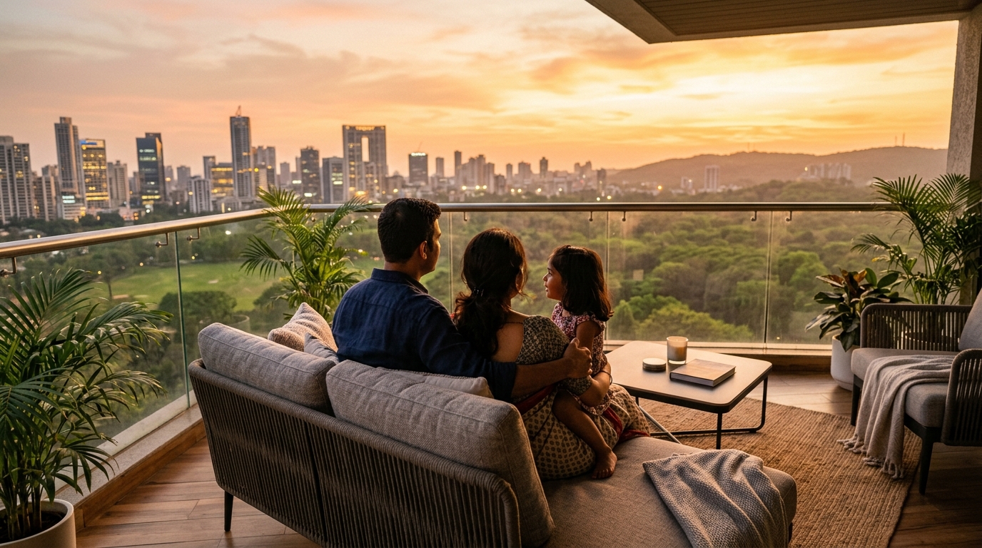 Indian family seated together on a private balcony enjoying the sunset across Delhi NCR