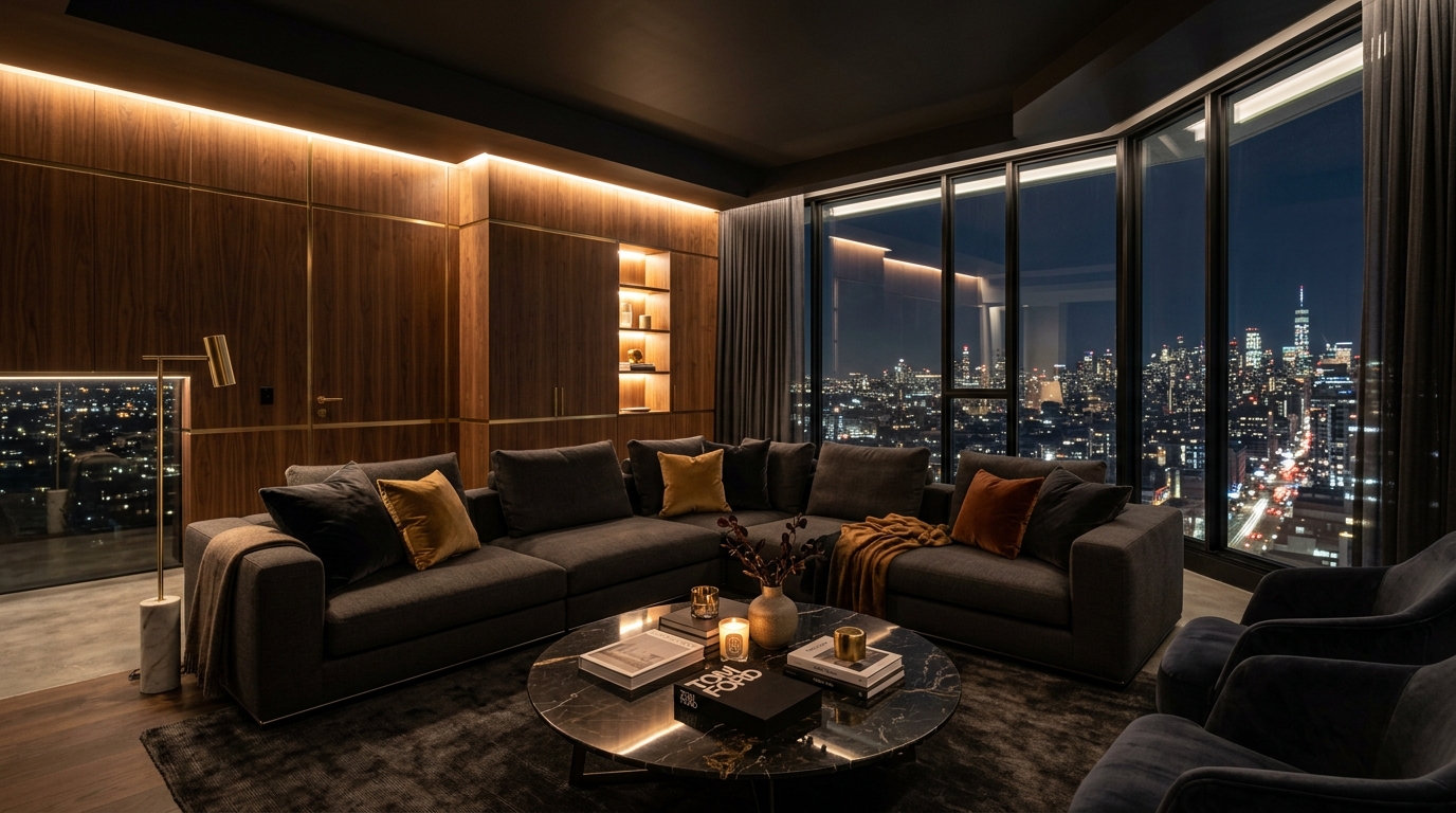 Sophisticated dark wood and warm ambient lit penthouse interior